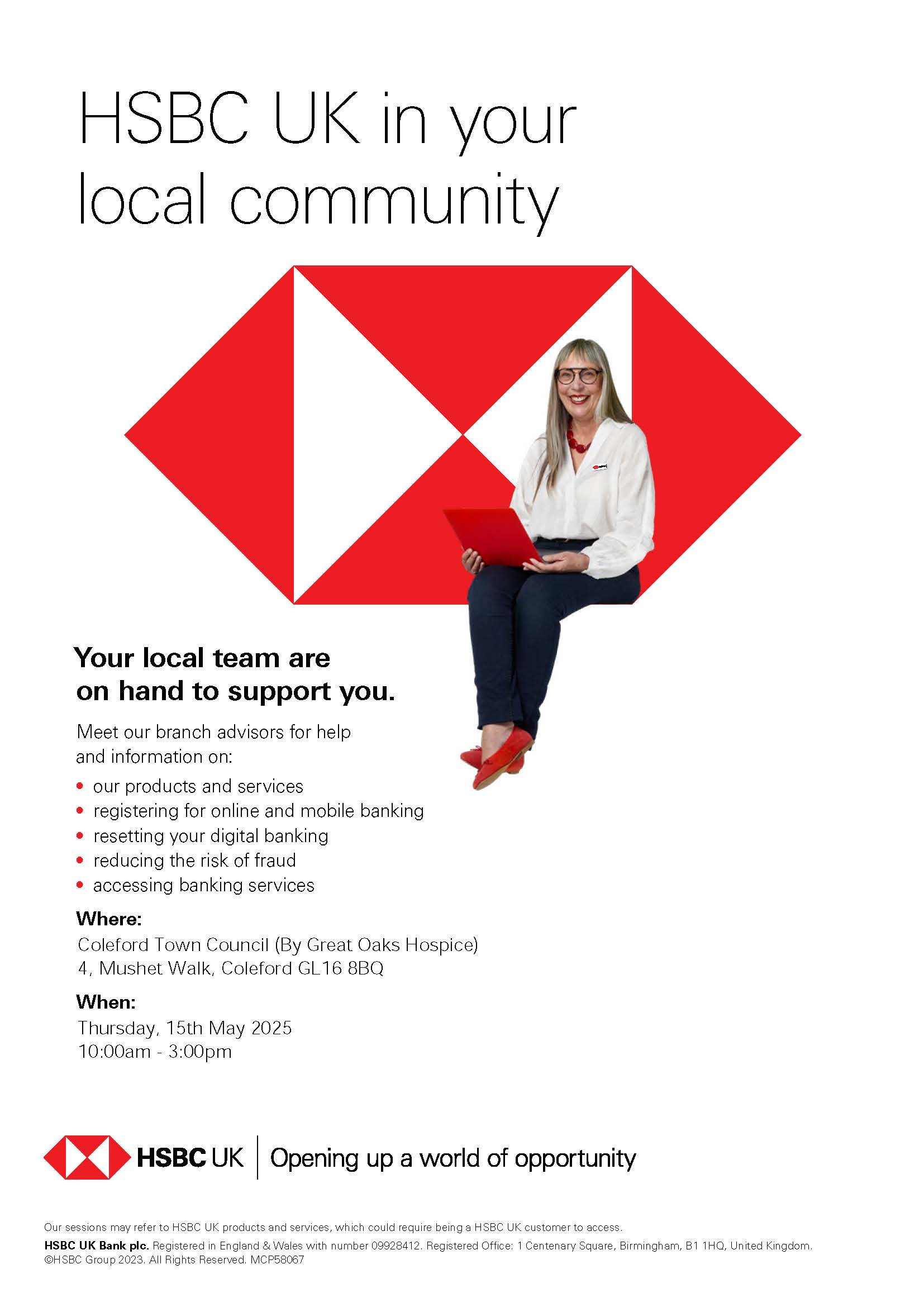 HSBC at Coleford Town Council, 4 Mushet Walk. Thursday, 15th May 2025 10:00am - 3:00pm